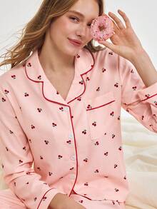 Bonmuse 樱桃印花睡衣套装，甜美可爱翻领纽扣长袖上衣和裤子，女士睡衣和家居服，秋冬秋季服装 - 粉色 - 查看 7
