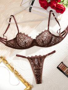 SHEIN 2件女士蕾絲文胸和內褲套裝，有底托設計，性感內衣 - 咖啡棕 - 查看 1