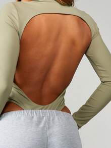 MISSGUIDED Sage Long Sleeve Turtleneck Bodysuit With Extreme Open Back Cut Out Detail Fall Winter Comfort - Olive Green - View 4