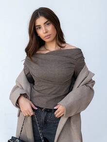 Hitanina 1 chiếc áo thun dài tay bó sát màu trơn thanh lịch dành cho nữ, trang phục tối giản và đa năng cho mùa thu/đông - Cà phê nâu - Xem 5