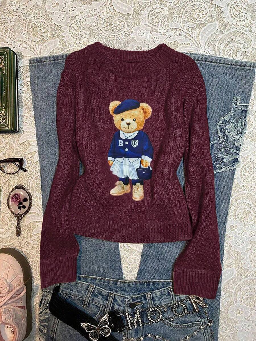 SHEIN EZwear Women's Cartoon Bear Pattern Crew Neck Long Sleeve Casual Sweater, Suitable For Autumn/Winter - Burgundy - View 1