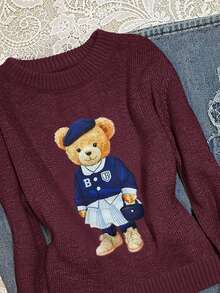 SHEIN EZwear Women's Cartoon Bear Pattern Crew Neck Long Sleeve Casual Sweater, Suitable For Autumn/Winter - Burgundy - View 3