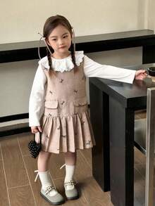Genkimix Kids 2件装 女童甜美可爱纯色蕾丝边饰+蝴蝶结印花无袖荷叶边连衣裙，秋冬款 - 卡其色 - 查看 1