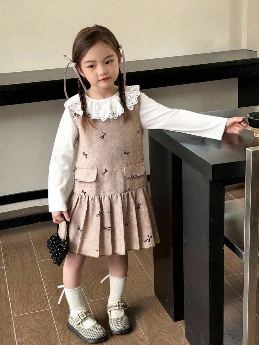 Genkimix Kids 2件装 女童甜美可爱纯色蕾丝边饰+蝴蝶结印花无袖荷叶边连衣裙，秋冬款 - 卡其色 - 查看 1
