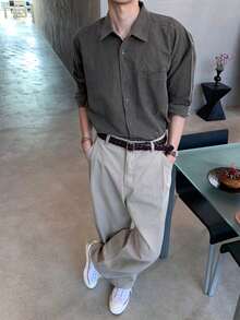 DAZY Men's Solid Gray Long Sleeve Shirt, Minimalist Casual Wear For Autumn - Grey - View 1