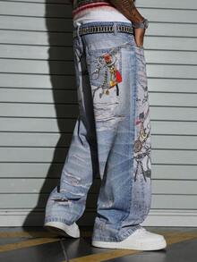 PAVTROS Jeans rectos con estampado digital 3D falso de moda para hombres - Azul - Ver 2