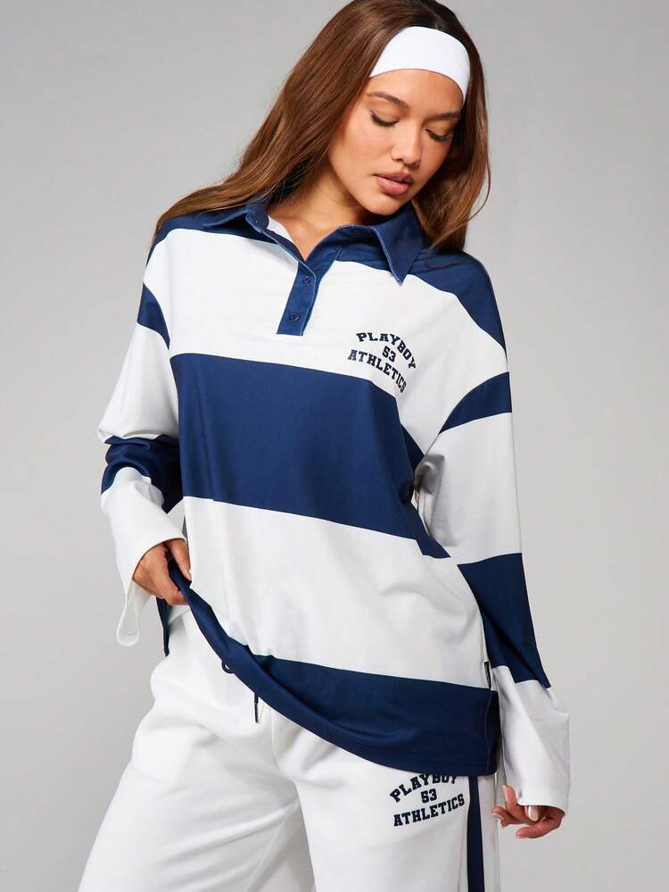 Missguided x Playboy Striped Collared Button Up Long Sleeve Rugby Style Polo Top With Athletic Graphics