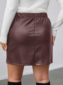 Firerie Plus Size Women Pleated Drawstring PU Leather Skirt, Fashionable & Versatile For Daily Commute - Coffee Brown - View 2