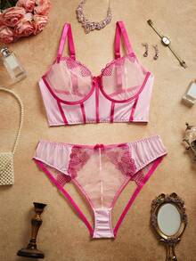 PinupPomp Plus Size Women Bow Decor Sheer Lightly Padded Underwire Sexy Lingerie Set - Pink - View 7