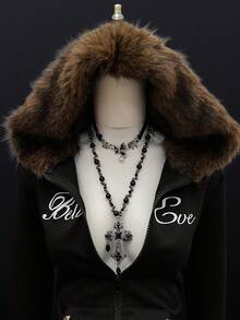 StreetHx Áo nỉ ôm sát cổ lông giả phong cách Punk đường phố dành cho nữ - màu đen - Xem 4