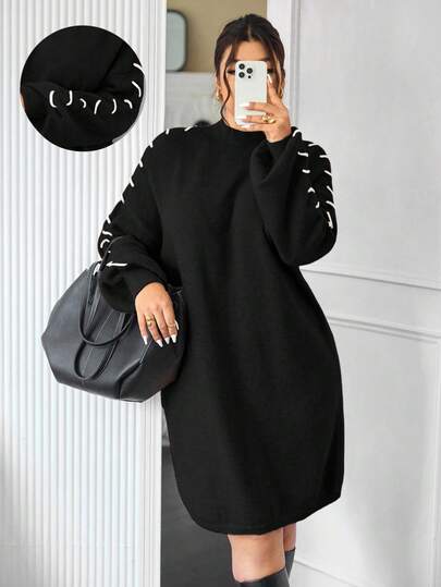 Lounesse Plus Size Dam Casual Minimalistisk All-Match Mångsidig Urban Chic Klänning, Höst/Vinter