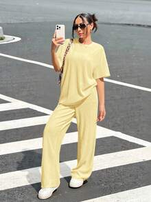 SHEIN EZwear Butter Yellow Knitted Texture Loose T-Shirt And Pants Casual Set, Summer - Yellow - View 6