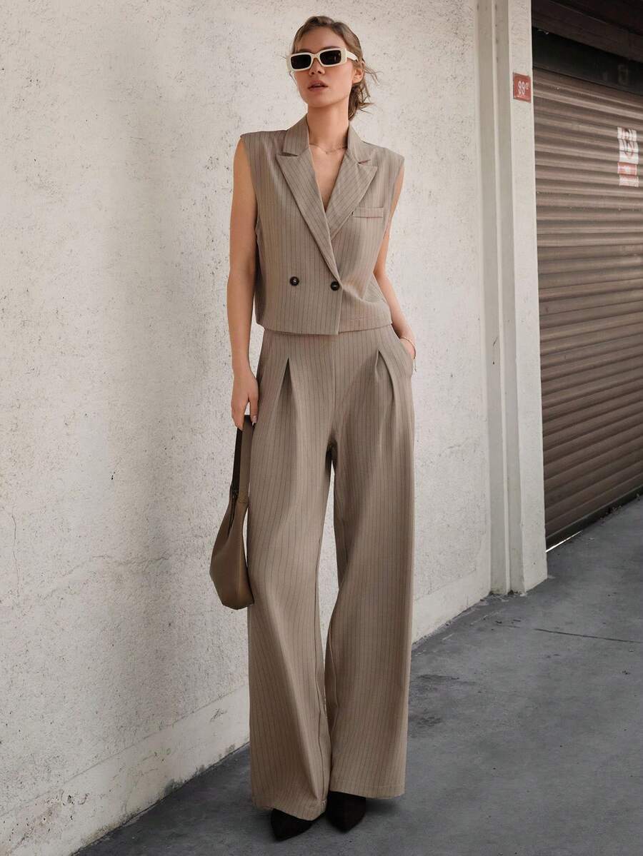 CLARA VERO Striped Wide Shoulder Vest & Pants Suit Set - Mocha Brown - View 1