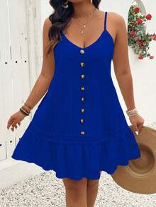 SHEIN Clasi 大码V领无袖前扣荷叶边下摆纹理吊带连衣裙，休闲度假沙滩装 - 藏蓝色 - 查看 5