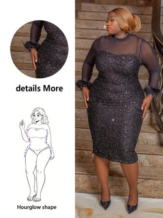 CurvyTilda Plus Size Women Długi Rękaw Siatka Patchwork Stójka Minimalistyczna Elegancka Długa Sukienka