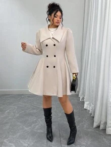 Elenzga Vestido blazer elegante plus size feminino, cor sólida, lapela, manga longa, punho de pele de coelho, cintura marcada, abotoamento duplo e barra evasê. Ideal para o inverno e outono. - Damasco - Ver 6