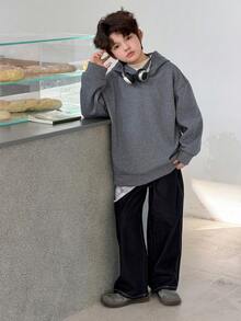 DAZY Sweat-shirt-shirt décontracté ample en polaire de couleur unie pour pré-adolescents, style basique pour les étudiants, automne et printemps frais - Gris foncé - Voir 3