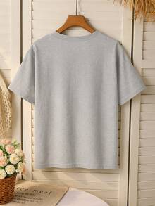 SHEIN Tween-Mädchen Kurzarm-T-Shirt mit Rundhalsausschnitt, Leopardenmuster (1990er Jahre), lässiges Alltags-Outfit, vielseitig, minimalistischer Stil, geeignet für Frühling und Sommer - Grau - Übersicht 2