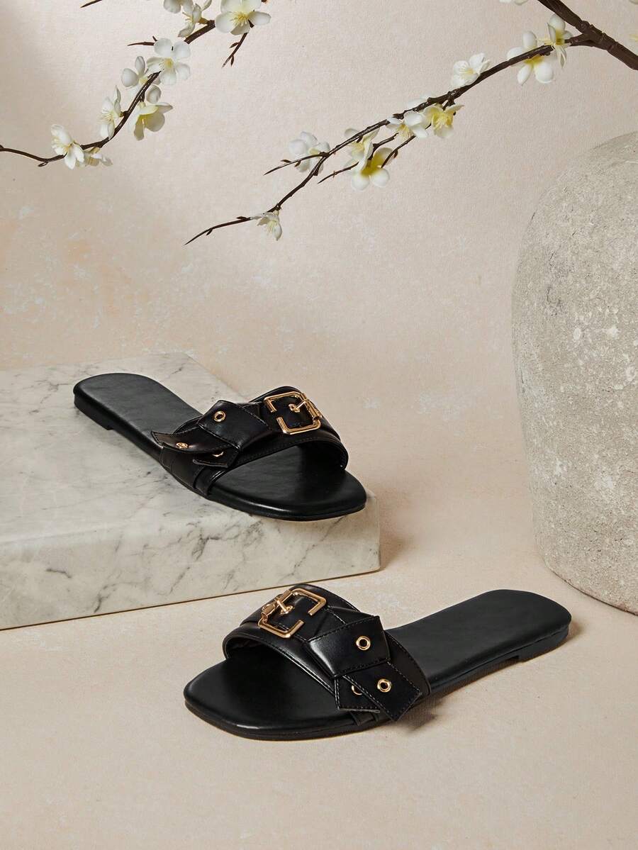 SHUZIA Sandalias planas de mujer con decoración de ojales metálicos, cómodas y de moda - Negro - Ver 1