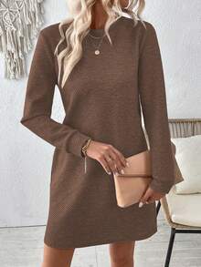 EMERY ROSE Vestido casual de manga larga con cuello redondo y textura para mujer de talla grande para uso diario y viajes - Marrón - Ver 4