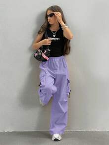 Sparklyn Tween Girls' Elastic Waist Cargo Pocket Pleated Loose Leg Pants - Purple - View 7