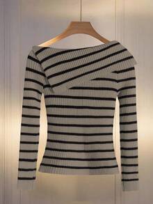 Franclia 女款黑白條紋不對稱肩針織上衣 T-shirt，法式優雅修身毛衣，長袖套頭衫，適合日常與秋季穿著 - 彩色 - 查看 2