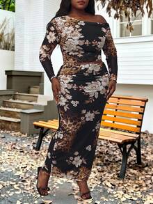 Hourglow Dollyholly86 Elegantes Pendler-Set in Große Größen mit floralem Muster, asymmetrischem Kragen, Crop-Top und Maxirock, für Herbst/Winter, für Sanduhrfigur - Schwarz - Übersicht 6