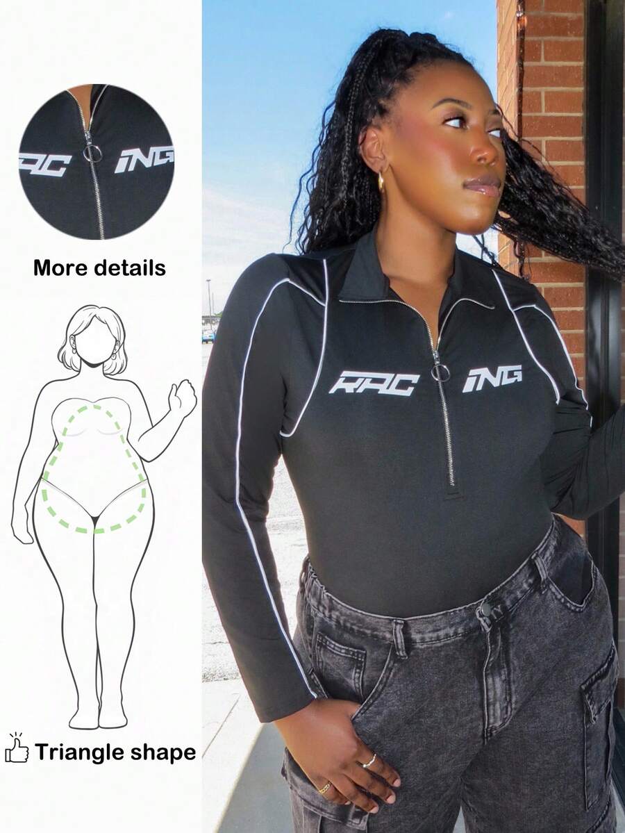 Truni Conjunto de body de talla grande con estampado de letras para mujer, para invierno - Negro - Ver 1