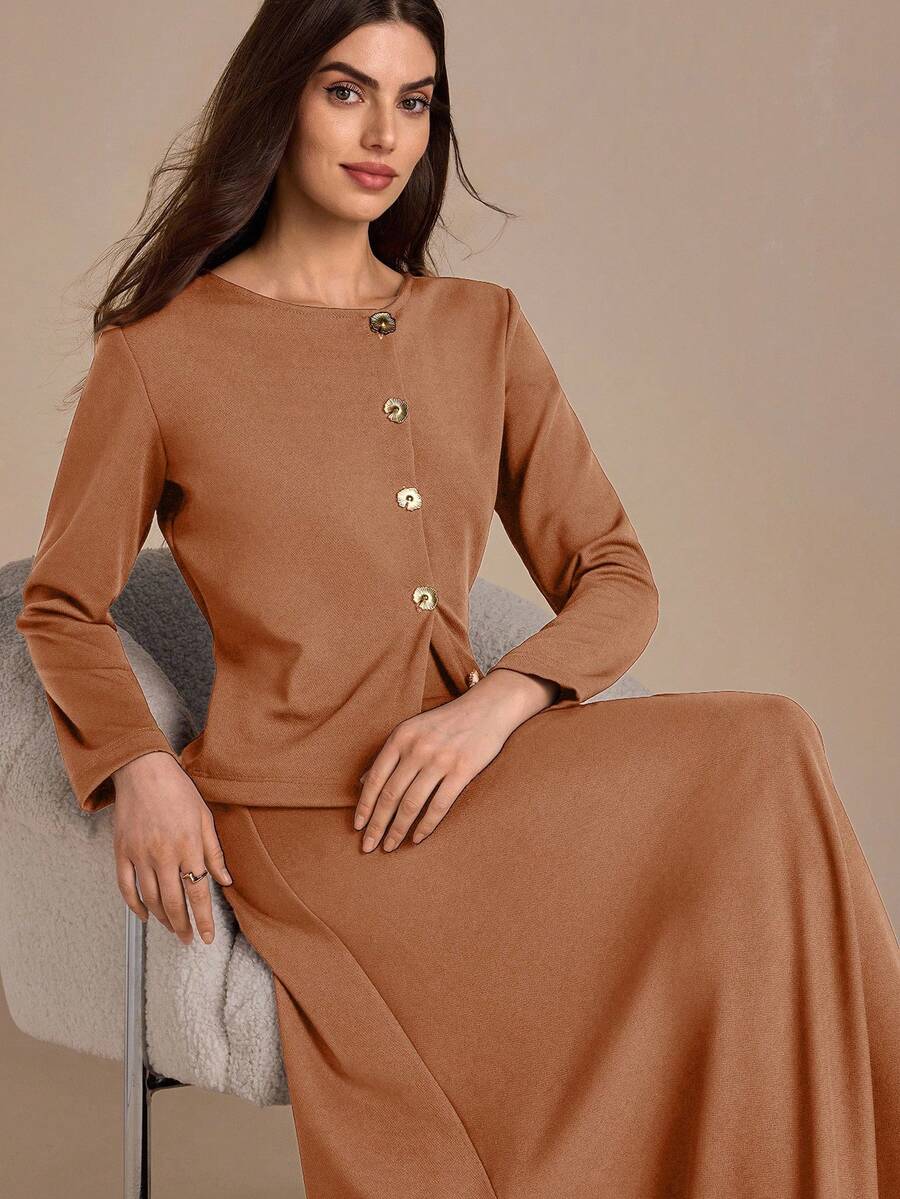 CLARA VERO Women, Autumnn, Long Sleeve, Two Set, Top, Skirt, Split, - Camel - View 1