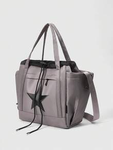 ROMWE Grunge Punk 大容量女士单肩包手提包黑白撞色星星印花尼龙防水面料日常通勤包 - 灰色 - 查看 3