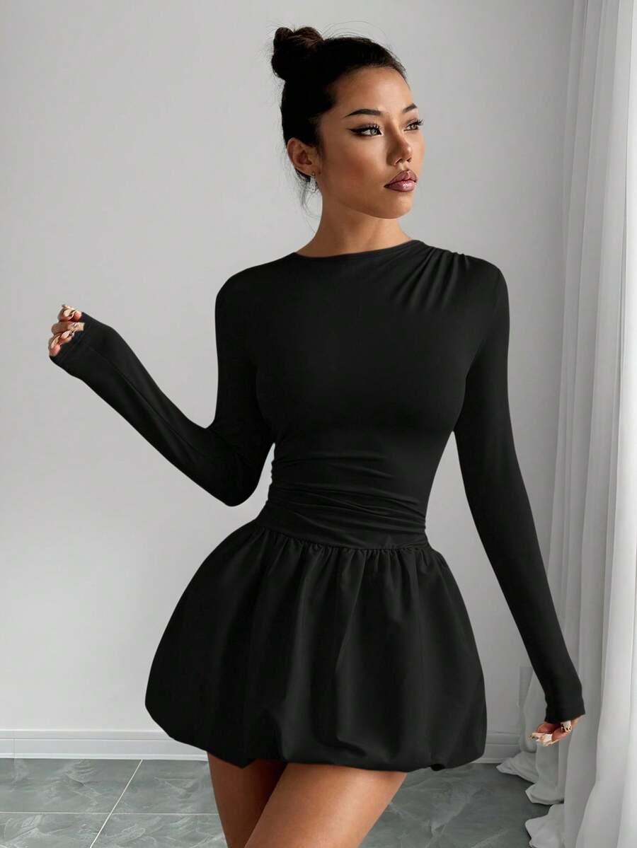 Vestido Corto De Mujer Con Cuello Redondo,Manga Larga, Pliegues,Casual Y Con Bajo Estilo Tulipán De Unicolor - Negro - Ver 1