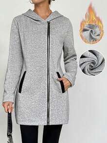 EMERY ROSE 新款女士休闲连帽卫衣外套，加厚保暖内衬，拉链前襟，带口袋，灰色中长款，适合秋季、冬季、万圣节、圣诞节、感恩节、新年、派对、日常穿着、通勤等场合。 - 灰色 - 查看 1