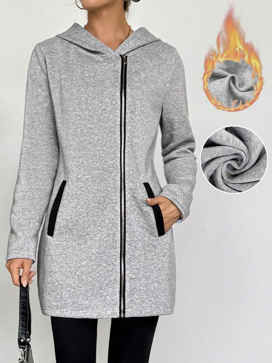 EMERY ROSE 新款女士休闲连帽卫衣外套，加厚保暖内衬，拉链前襟，带口袋，灰色中长款，适合秋季、冬季、万圣节、圣诞节、感恩节、新年、派对、日常穿着、通勤等场合。 - 灰色 - 查看 1