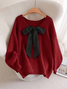 SHEIN CURVE+ 大码圆领蝴蝶结针织套头衫，圣诞节 - 酒紅色 - 查看 5