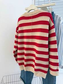 Resyla Women's Casual Dropped Shoulder Long Sleeve Striped Crew Neck Sweater - Multicolor - View 2