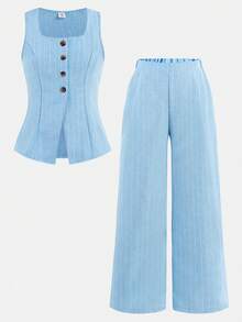 SHEIN Tween Girl Casual Elegant Commute Street Chic Jacquard Striped Button Front Sleeveless Top And Straight Leg Pants Set - Baby Blue - View 2