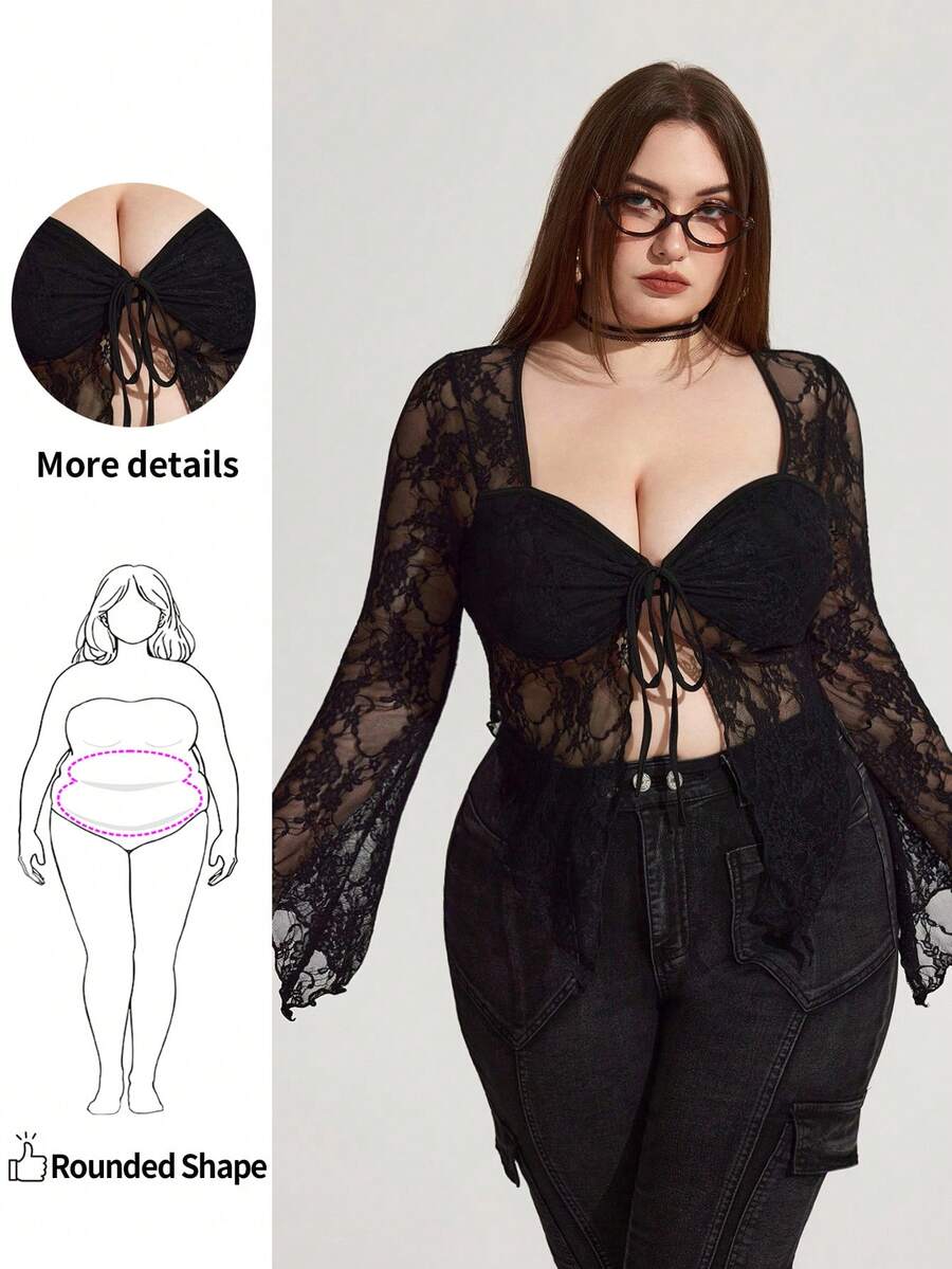 Enliva Karlangas.Toledo Plus Size Lace Bell Sleeve Tie Front Sweetheart Neck Blouse, For Apple Rounded Body Shape - Black - View 1