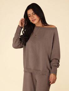 Coeurva Women's Casual Solid Color Oblique Shoulder Loose Knit Sweater And Pants Set, Autumn/Winter Brown Knit Set Two Piece Set Women Comfy Brown 2 Piece Set Brown Sweater And Pants Set Two Piece Lounge Set Comfortable Two Piece Set Brown Outfit Brown Matching Set,Fall,Fall Clothes For Women - Coffee Brown - View 2