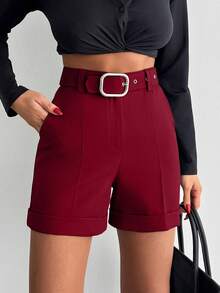 EURMUSE Women Elegant Solid Color Short With Belt Details - Burgundy - View 1