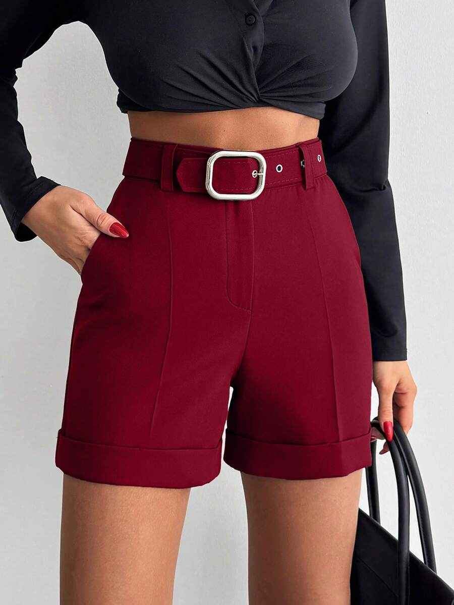 EURMUSE Women Elegant Solid Color Short With Belt Details - Burgundy - View 1