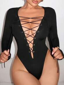 VaVaBold 女士长袖深 V 领交叉系带紧身衣 - 黑色 - 查看 1