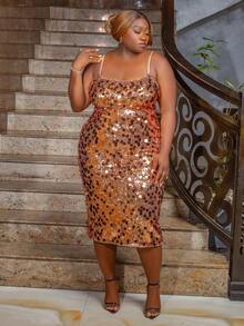 CurvyTilda Plus Size Women's Sexy Backless Sequin Spaghetti Strap Cocktail Party Dress, Elegant Formal Gown Suitable For Nightclub, Party, Holiday Event, School Clothes, Fall Clothes,Autumn,Y2k Clothes,Night Out/ Plus Size Sequin Dress/ Plus Size Gold Sequin Dress/ Curve Sequin Dress/ Plus Size Birthday Dress,Homecoming Dress, For Hourglass Body Shape, For Body Shape, For Summer - Gold - View 6