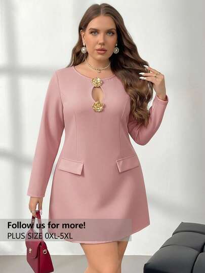 Firerie Autumn/Winter Valentine's New Elegant Chic Commuter Modern Metal Flower Decor Hollow Out Cinched Waist Long Sleeve A-Line Plus Size Dress Plus Size Dresses Pocket Blazer Dress Plus Size Long Sleeve Elegant Dress Office Dress Plus Size