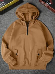 Manfinity Dauomo 男士半拉链口袋休闲百搭长袖连帽卫衣 - 駝色 - 查看 3