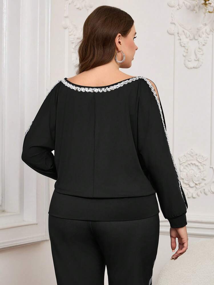Plus Size Sequin Decor Ruffle Off-Shoulder Black T-Shirt, Suitable For Spring And Autumn, Going Outs, 2025 New , Simple And Fashionable For Everyday Wear, Plus Size Winter , Comfortable And Breathable, Christmas For Women, New Year , Suitable For Multiple Occasions, Christmas, Date Nights Women, Night Party, Elegant Party, Date Nights Women, Thanksgiving For Women, Suitable For Valentine's Day