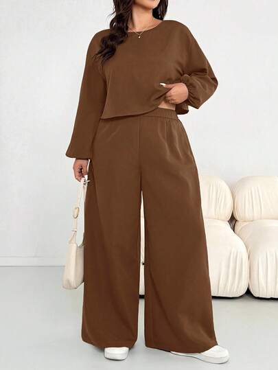 SHEIN Essnce Conjunto de dos piezas de camisa de manga larga verde militar y pantalón ancho, cómodo y suelto, de estilo casual y simple para mujer de talla grande en otoño e invierno, conjunto de pantalones, estilo sencillo