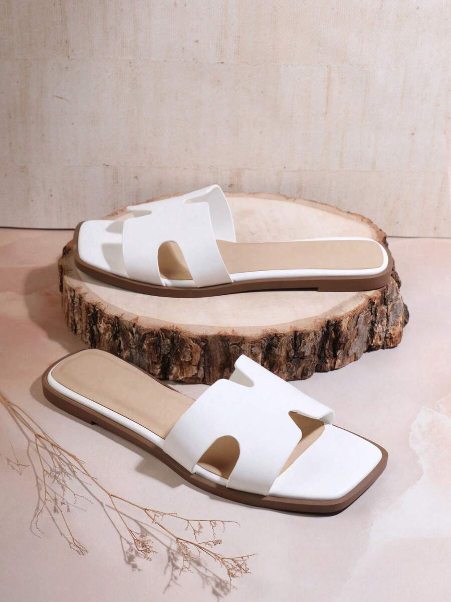SHUZIA Damen Schuhe mit quadratischer Zehenkappe, offene Zehenpartie, H-förmige weiße PU-Leder Damen Mode Flache Sandalen