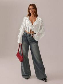 SHEIN SXY White Top; Autumn Women's Clothing; Crop Top; White Mesh See-Through Ruffled Camisole With Deep V-Neck Sexy Long Sleeves For Holidays, Parties, And Gatherings. - White - View 5