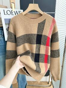 Resyla 女士休闲条纹宽松长袖圆领毛衣，秋冬季 - 棕色 - 查看 3