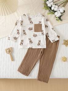 2件套男婴圆领长袖针织睡衣套装，可爱动物印花，柔软舒适，是送给男婴的绝佳礼物。 - 杏色 - 查看 1